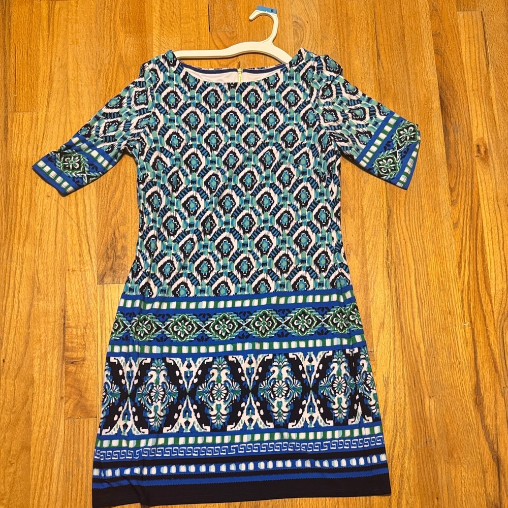 Eliza J Blue and Green Geometric Long Sleeve Dress